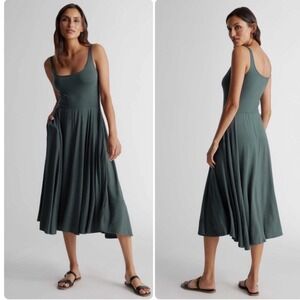 Quince Womens Tencel Jersey Fit & Flare Tank Midi Dress Size Medium Dark Olive